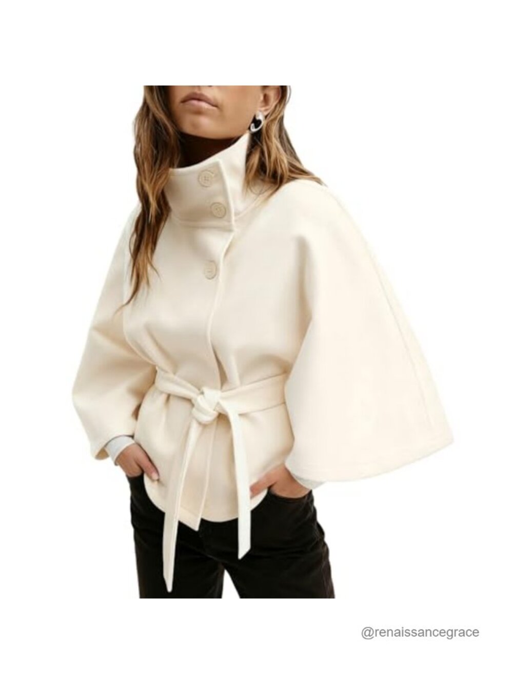 Batwing Sleeve Poncho Pea Coat Funnel Neck Belted Cape Jacket